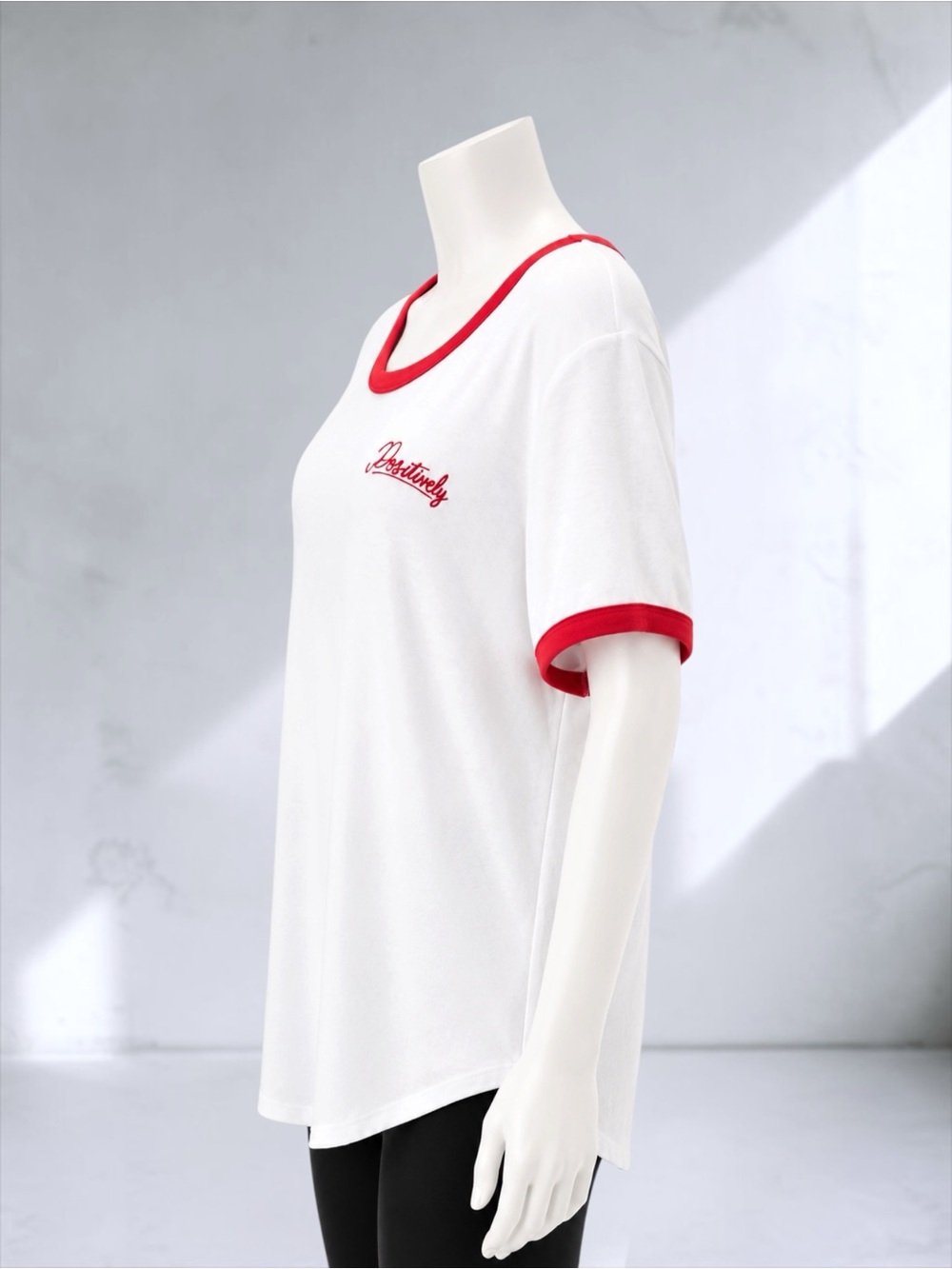White Ringer Tee with Red Trim and "Positively" Script - Picture 6 of 14